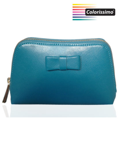 Elegant occasions require equally elegant accessories. This dainty Teal Blue Stefano leather bow cosmetic clutch makes a great evening or occasion accessory for carrying small essentials. It’s the perfect solution when you want to travel light yet still need those important items with you. The structured cosmetic bag is crafted from genuine Stefano leather in an exquisite shade of teal blue-green. The elegant leather clutch has an eye-catching matching bow to the front, adding that extra dainty feminine touch. The Teal evening bag fastens with a metal gold zip closure and has a sleek zipper puller to aid opening. Inside the bag is lined in teal polyester fabric keeping the harmony of the design. This is an elegant little bow evening cosmetic clutch designed by Colorissimo which will enhance your wardrobe for years to come. BRAND: Colorissimo- Lilly collection TEAL BLUE STEFANO LEATHER BOW COSMETIC CLUTCH DETAILS: