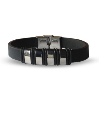 Mens Black Rubber Stainless Steel Banded Bracelet