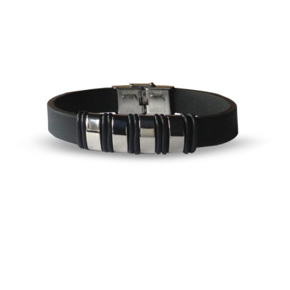 Mens Black Rubber Stainless Steel Banded Bracelet