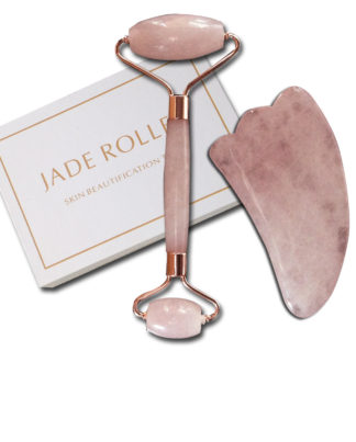 Rose Quartz Facial Roller | includes Gua Sha Scraping Tool